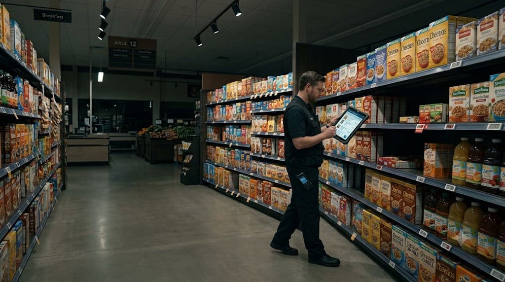 A colleague walking the aisle reviewing records on a tablet
