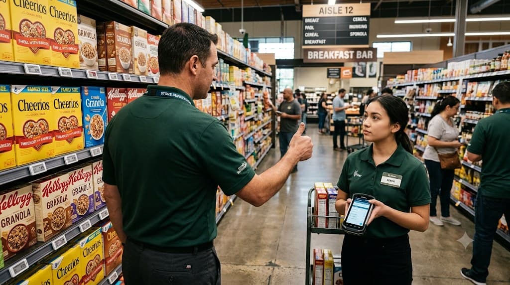 Two colleagues checking a promotion against the shelf