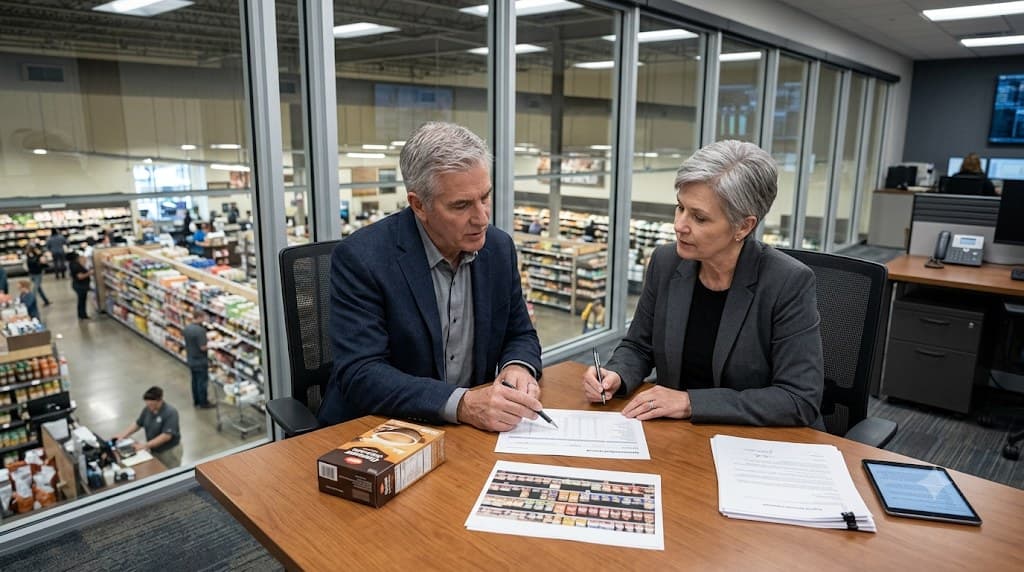 Two managers reviewing a recommendation together at a desk