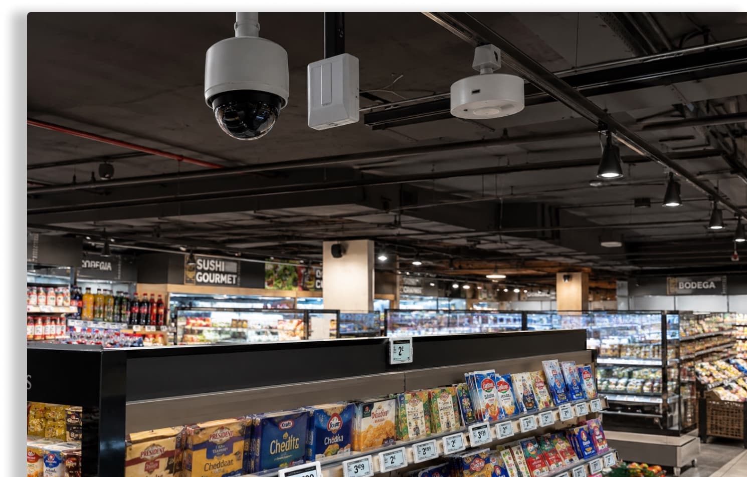 A store ceiling of cameras, sensors and gateways above a priced aisle