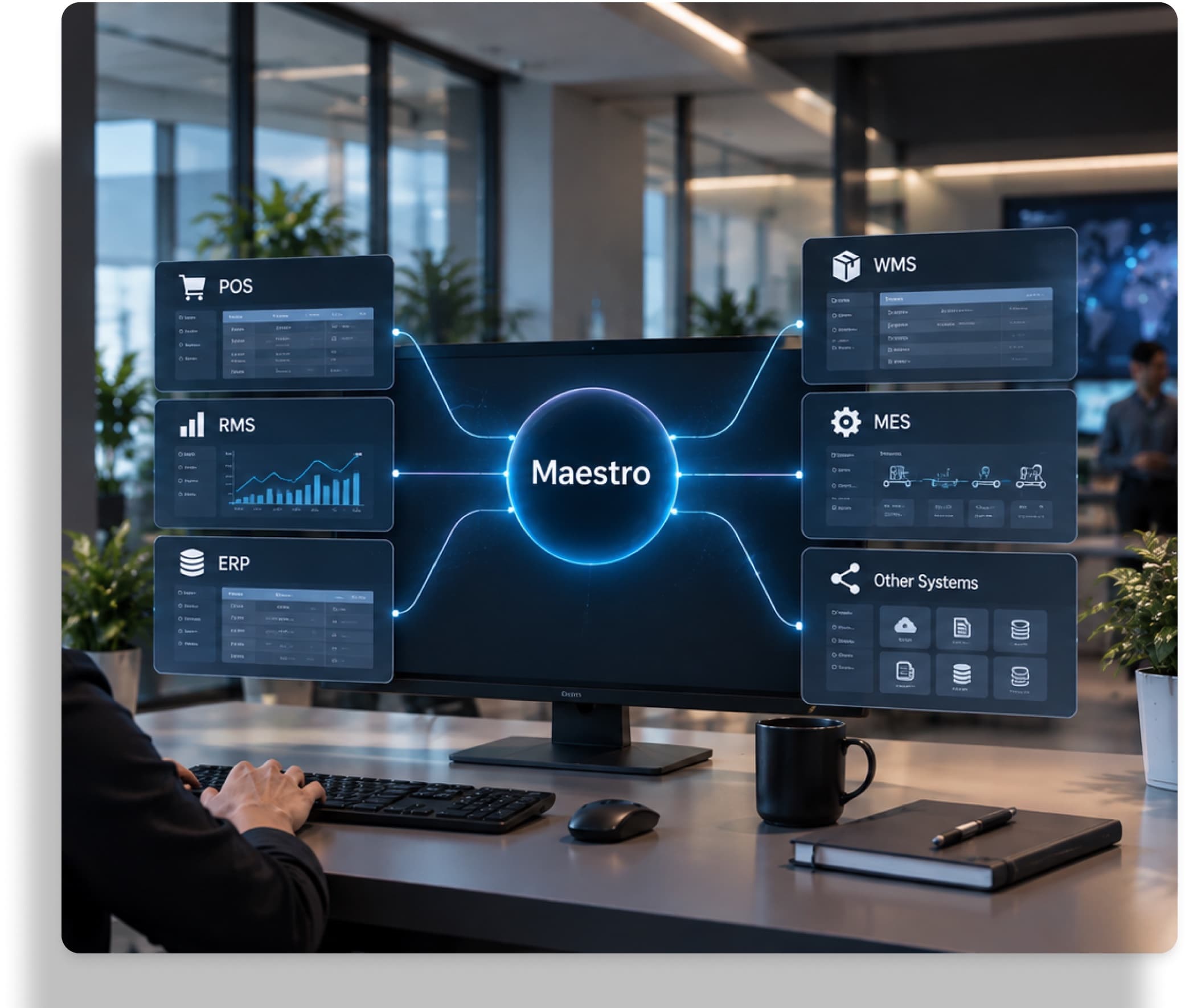 A desk monitor with Maestro at the centre of POS, RMS, ERP, WMS and MES panels