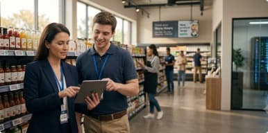 Two store colleagues agreeing on a decision on the shop floor