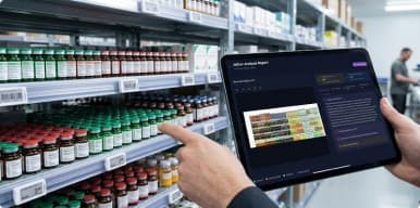 A shelf-analysis report open on a tablet held at the shelf edge
