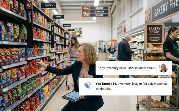 A store manager at the shelf asking Maestro about inventory risk