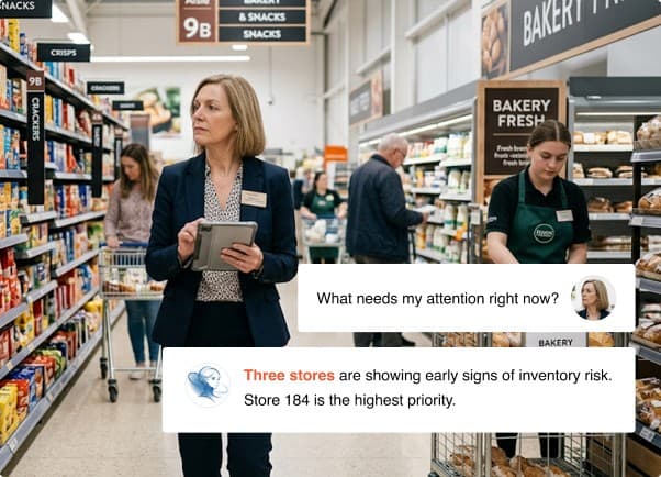 A store manager on the shop floor being asked by Maestro which stores need attention