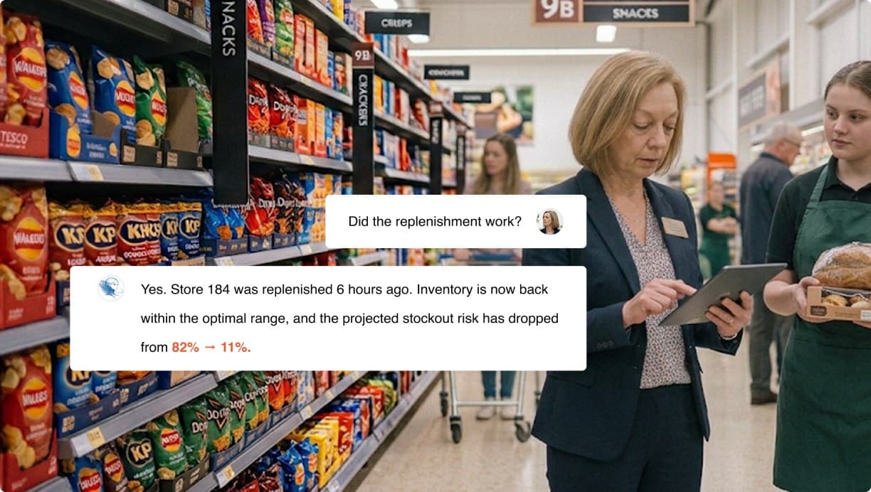 A store manager asking an agent on her tablet whether the replenishment worked