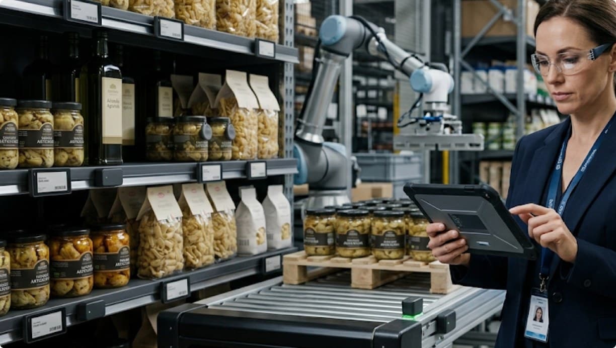 An operator with a tablet supervising a robot arm on the warehouse floor