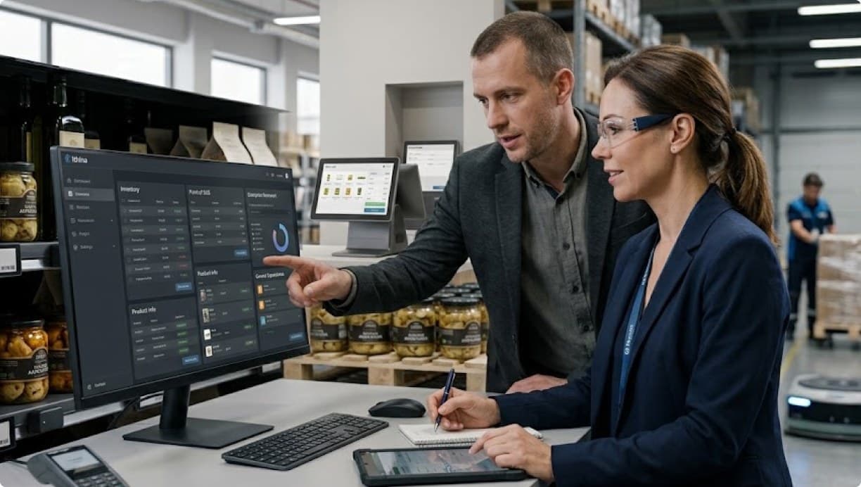 Two colleagues walking through an operations dashboard at a desk
