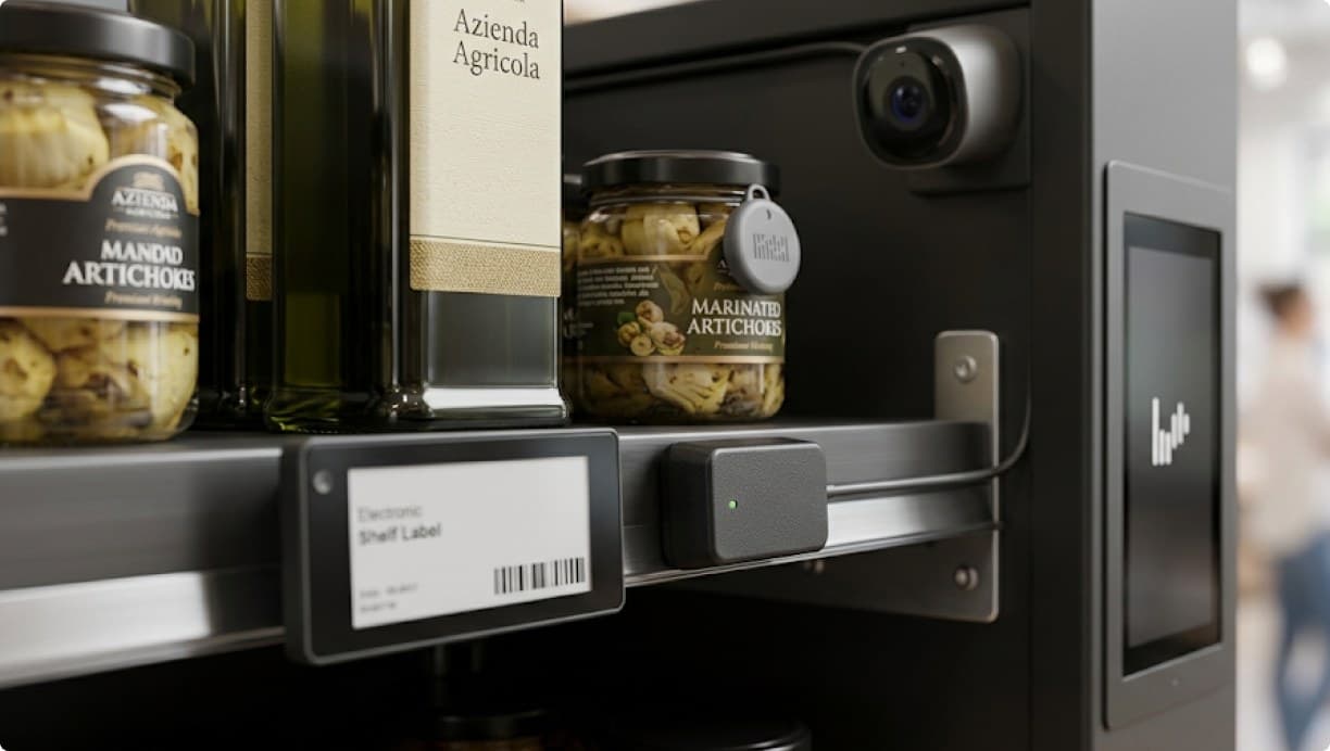 An electronic shelf label and a camera mounted on a store fixture