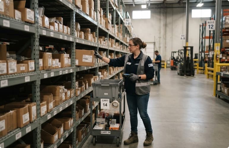 A picker reaching into racking with a scanner and a part cart beside her