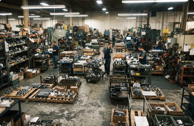 A crowded shop floor of part trays and benches with no obvious batch order