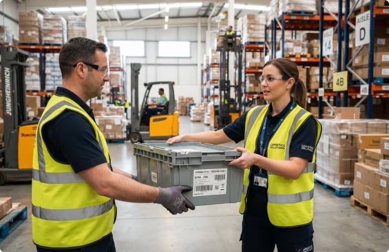 Two warehouse workers passing a labelled tote between them