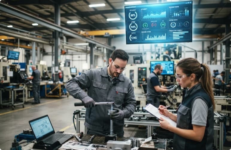 A technician working a part under a floating dashboard of production figures