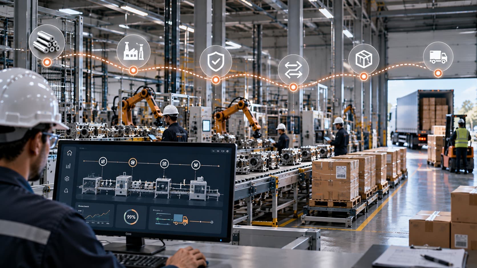 A production line and loading bay traced by a line of operational milestones, with an operator watching the run on screen