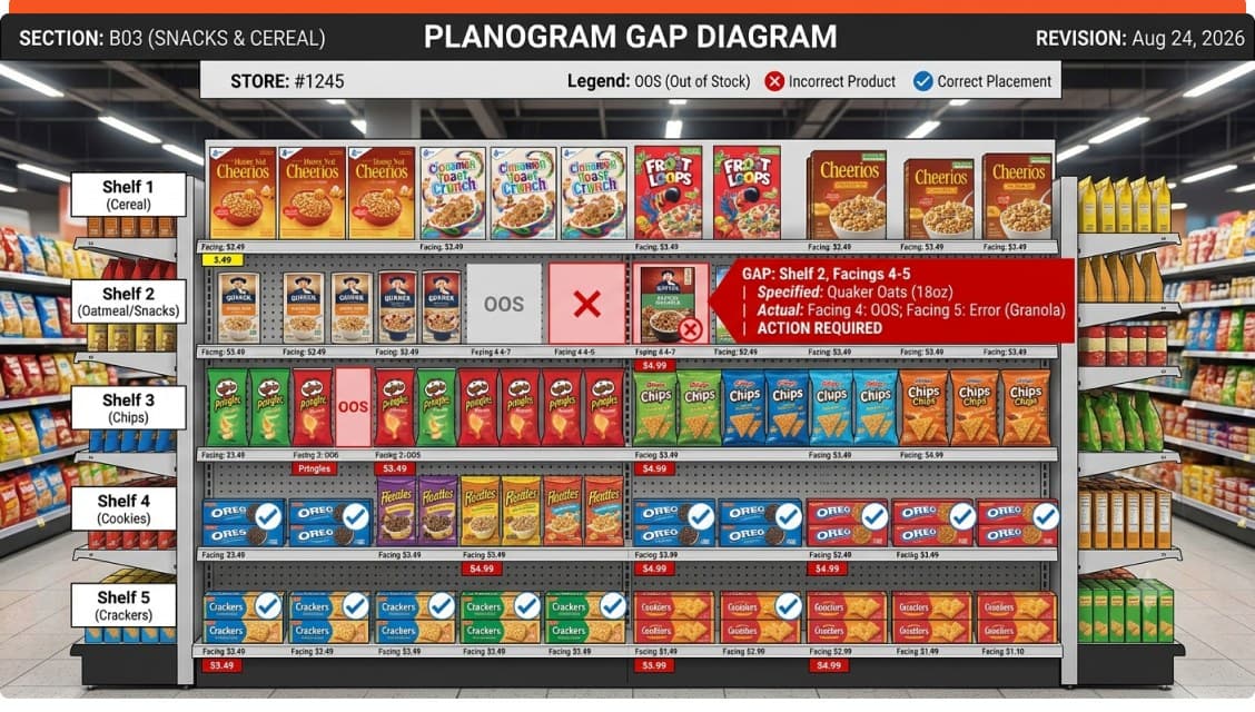 Planogram gap diagram marking out-of-stock, incorrect and correct product placements