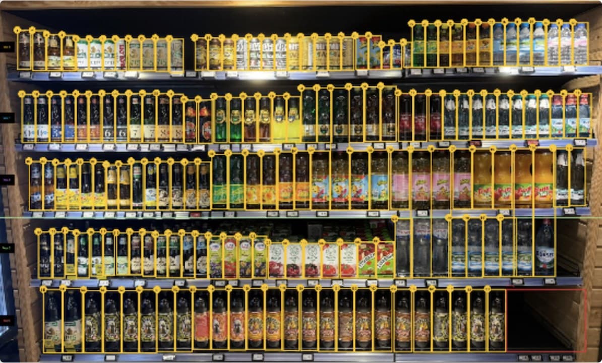 Shelf image with every product facing outlined by planogram detection