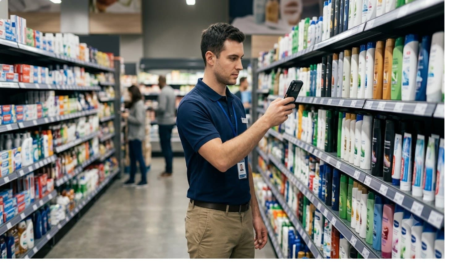 Store associate capturing a shelf with a handheld device
