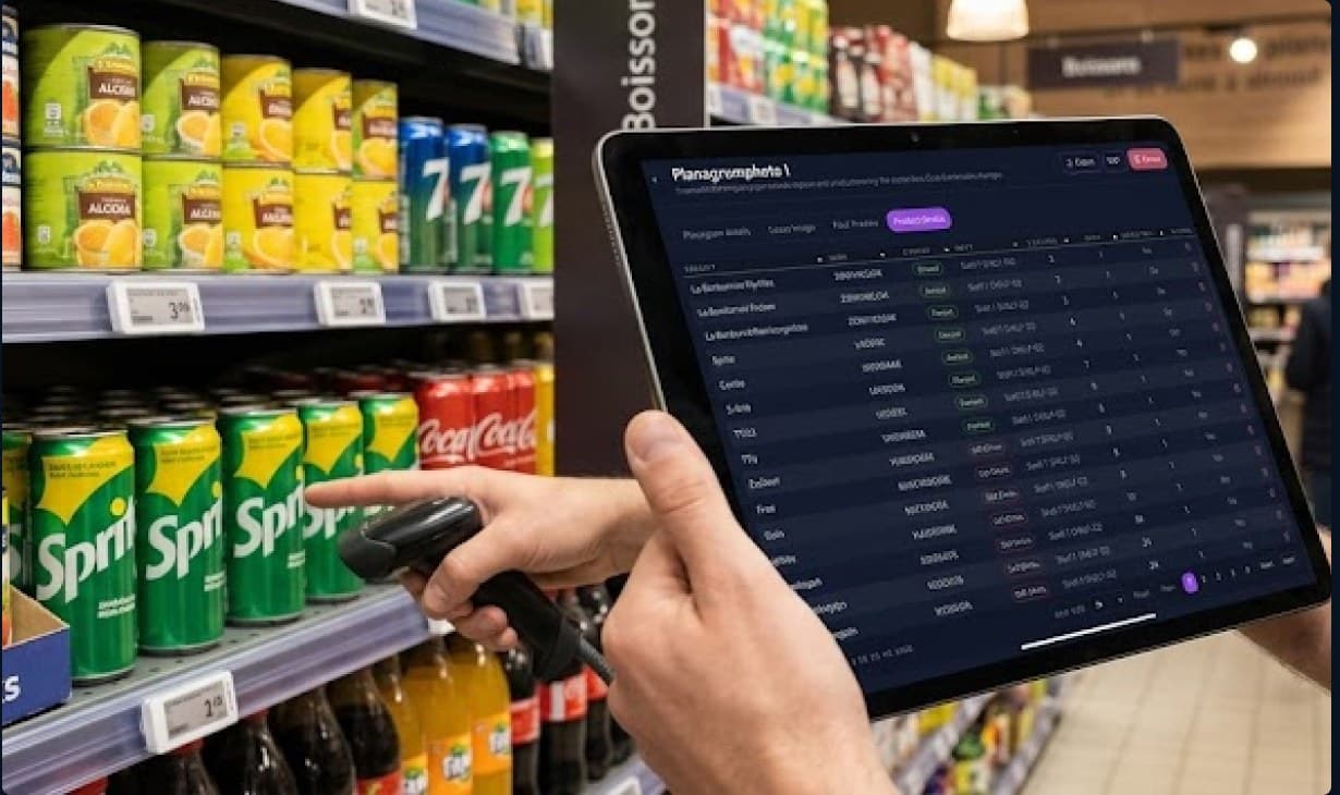 Planogram analysis open on a tablet in front of a soft-drinks shelf