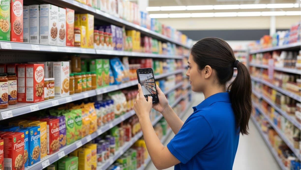 Associate photographing a cereal aisle with a phone
