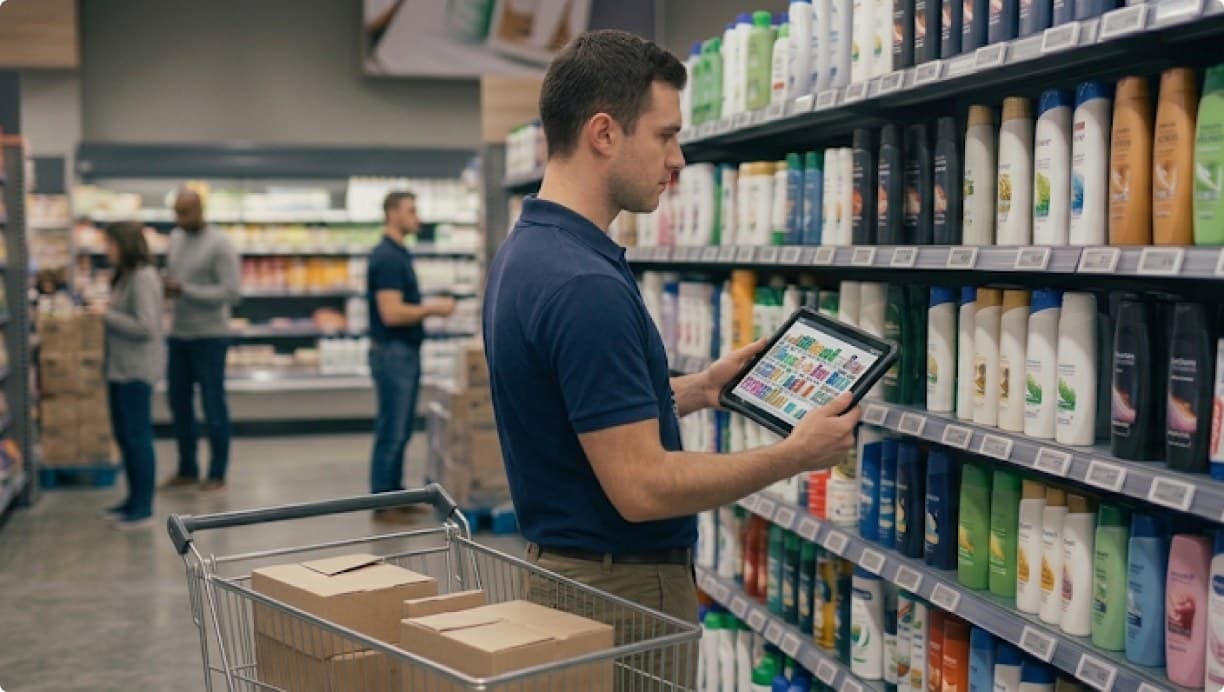 Associate reviewing a shelf against a tablet