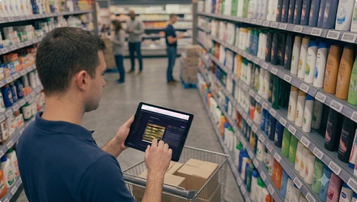 Associate reading flagged shelf gaps on a tablet