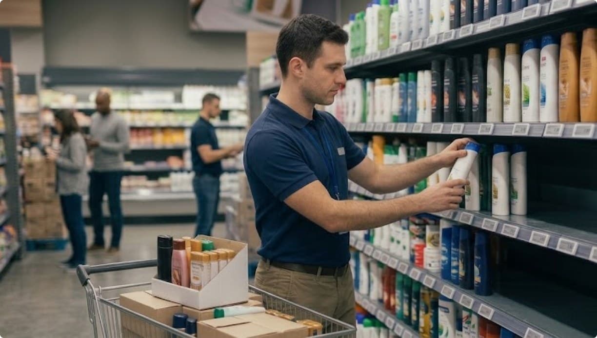 Associate restocking products to the correct shelf position