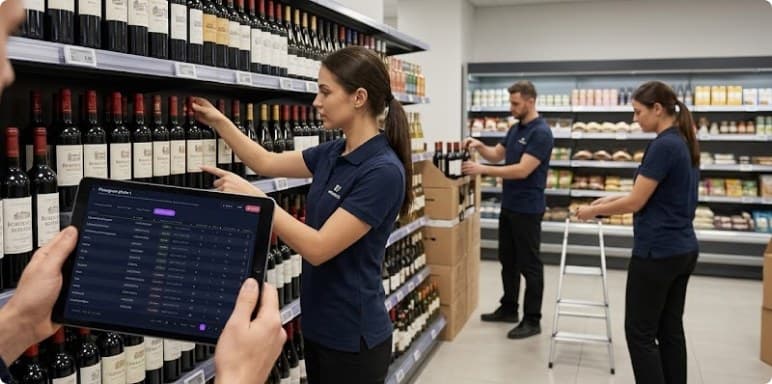 Team reviewing shelf layouts during a store launch