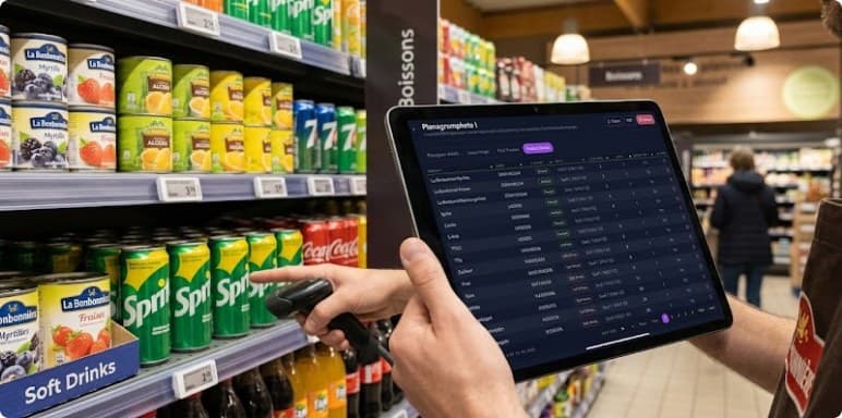 Associate auditing a shelf with a tablet and scanner