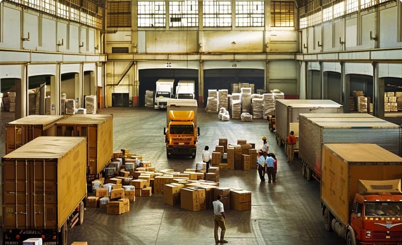 Loading bay with pallets and delivery trucks