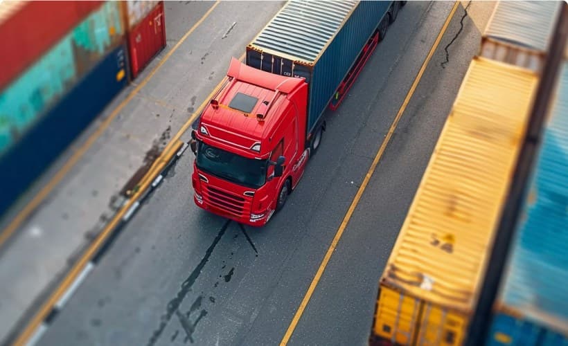 Freight truck on a highway seen from above