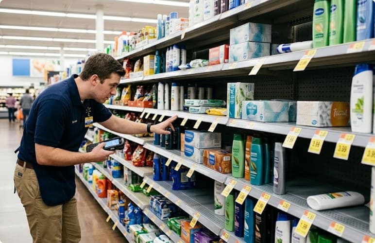 Store associate checking shelf stock with a handheld device