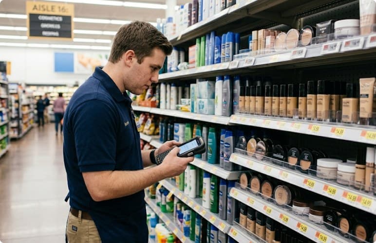 Associate comparing shelf prices against a mobile device