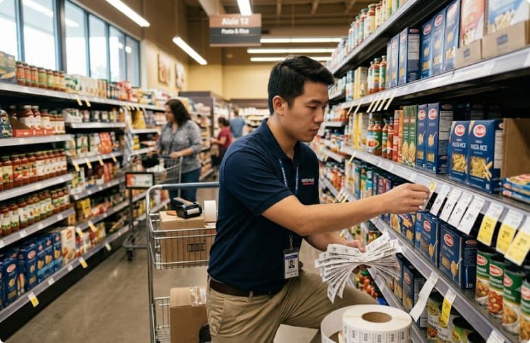 Associate replacing paper price tags on a shelf