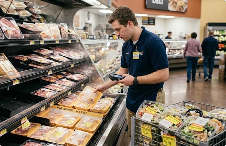 Associate reviewing chilled perishable stock