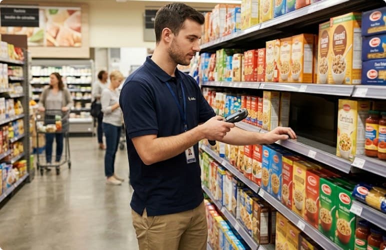 Associate scanning a gap on a grocery shelf