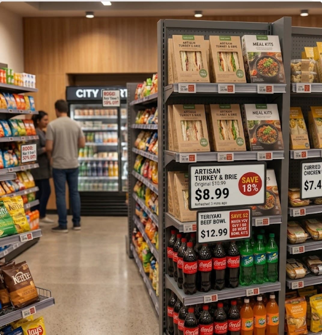 Convenience store aisle with electronic shelf labels showing live prices