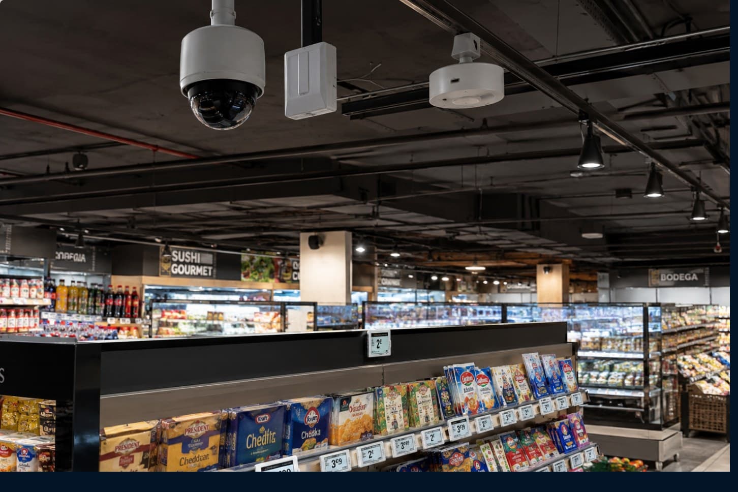 Ceiling-mounted sensors and cameras above a grocery store floor