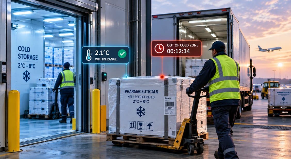 Out-of-cold-zone timer running against a pallet held outside the cold store