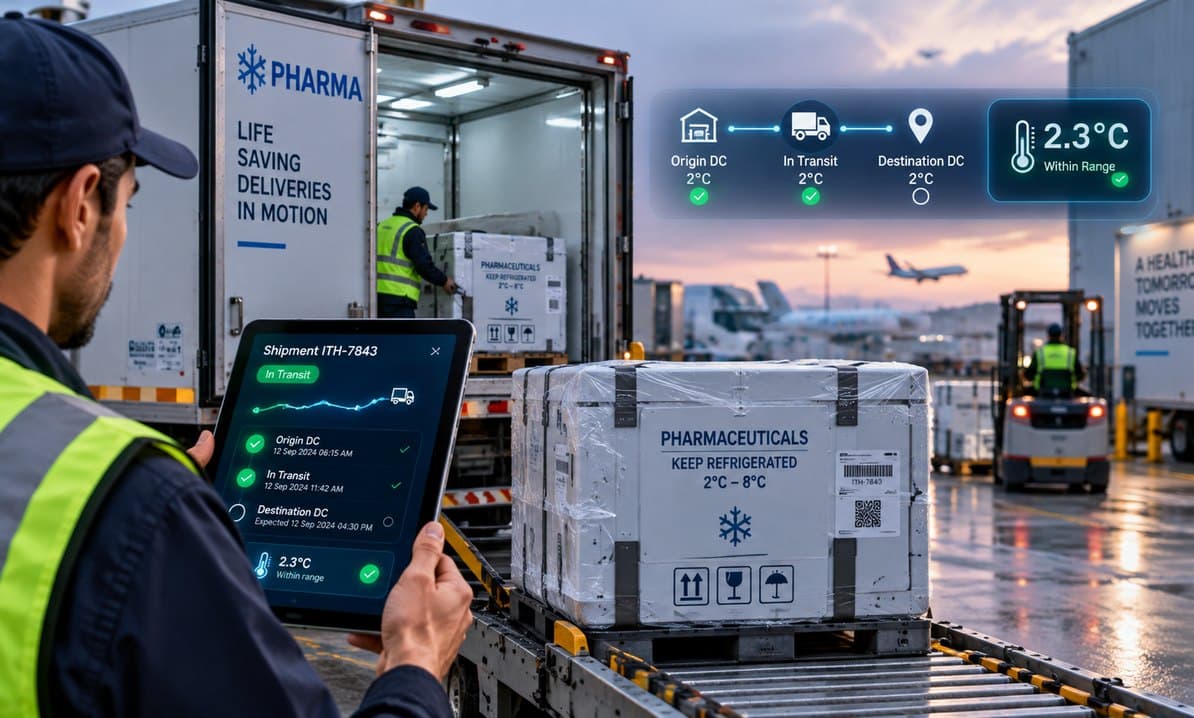 Loading bay with a refrigerated pharmaceutical shipment tracked from origin to destination