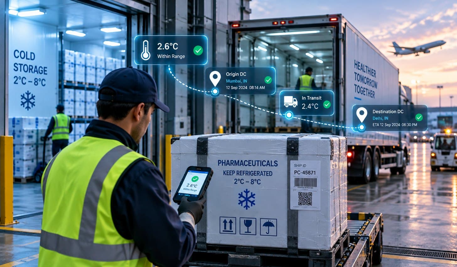 Worker checking a refrigerated pallet as its temperature and route are read at the dock