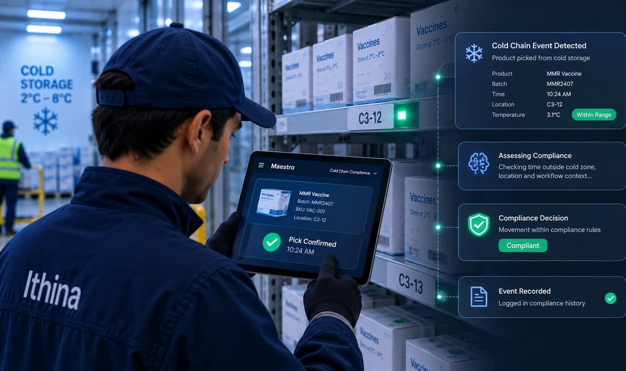 Maestro recording a cold-chain event and assessing it against compliance rules