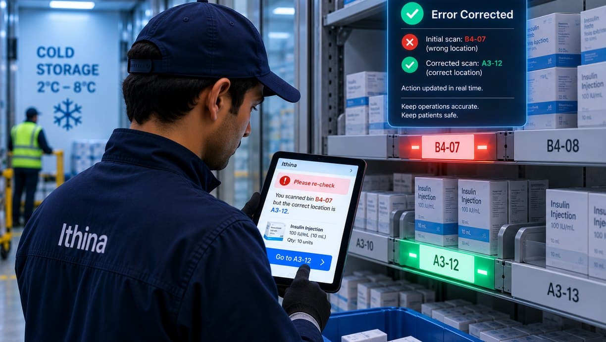 Re-check prompt on the worker's device, corrected before the item moves on
