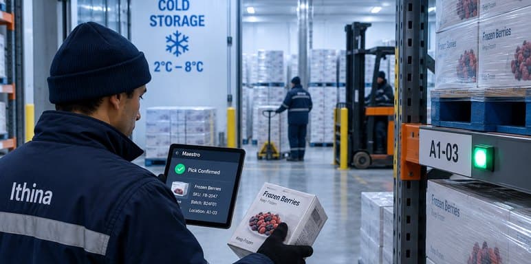 Worker confirming a frozen pick in a refrigerated distribution centre