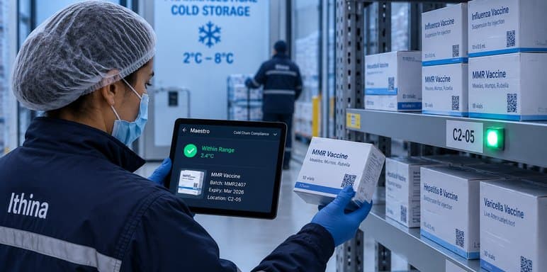 Vaccine cartons checked against their cold-chain window in a pharmaceutical store