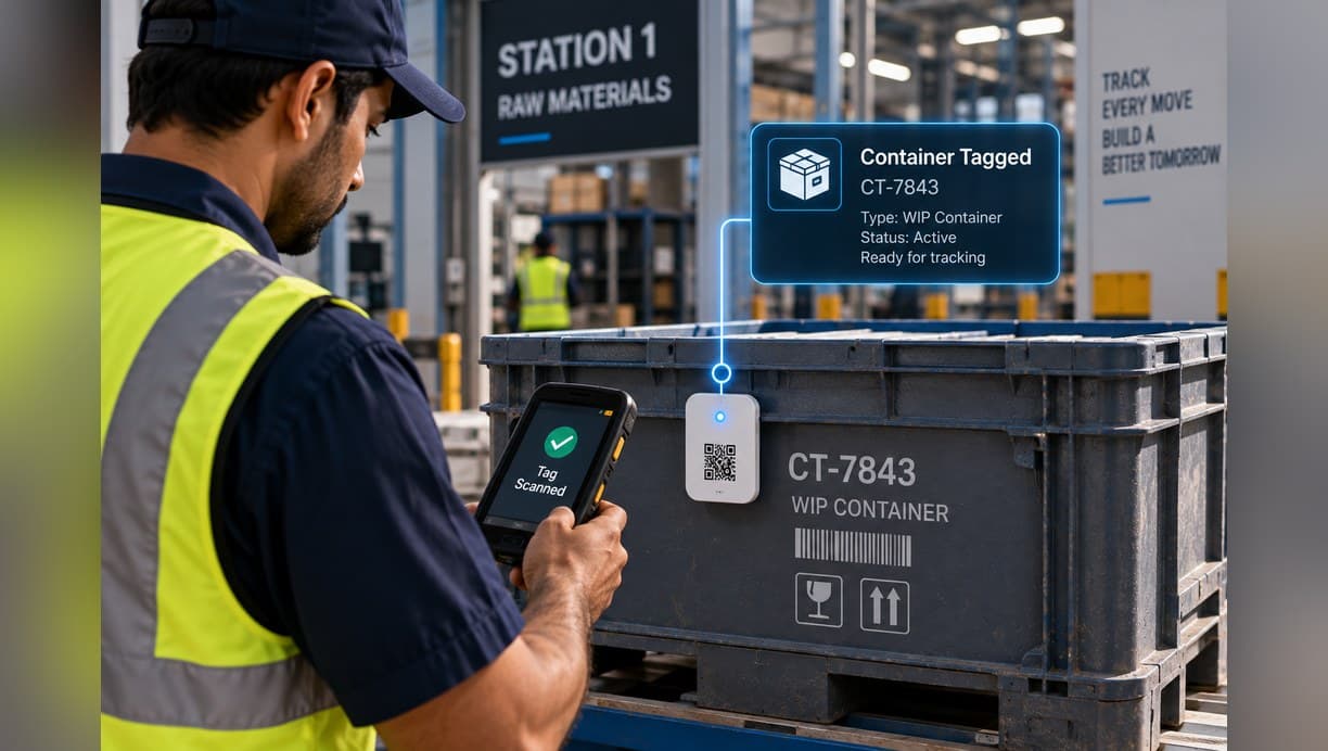Container CT-7843 tagged and registered at Station 1, raw materials