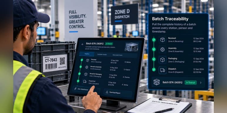 Batch traceability view listing every station, person and timestamp