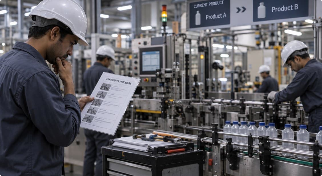 Engineer reading a paper changeover procedure on the production floor