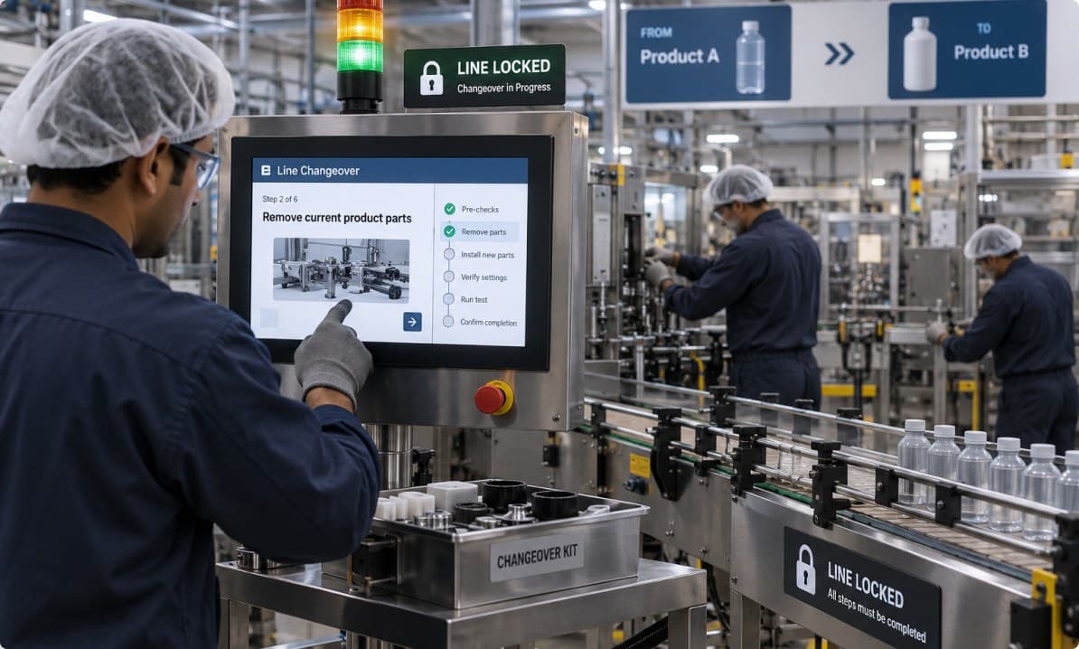Operator working through changeover instructions on a station display beside a locked line