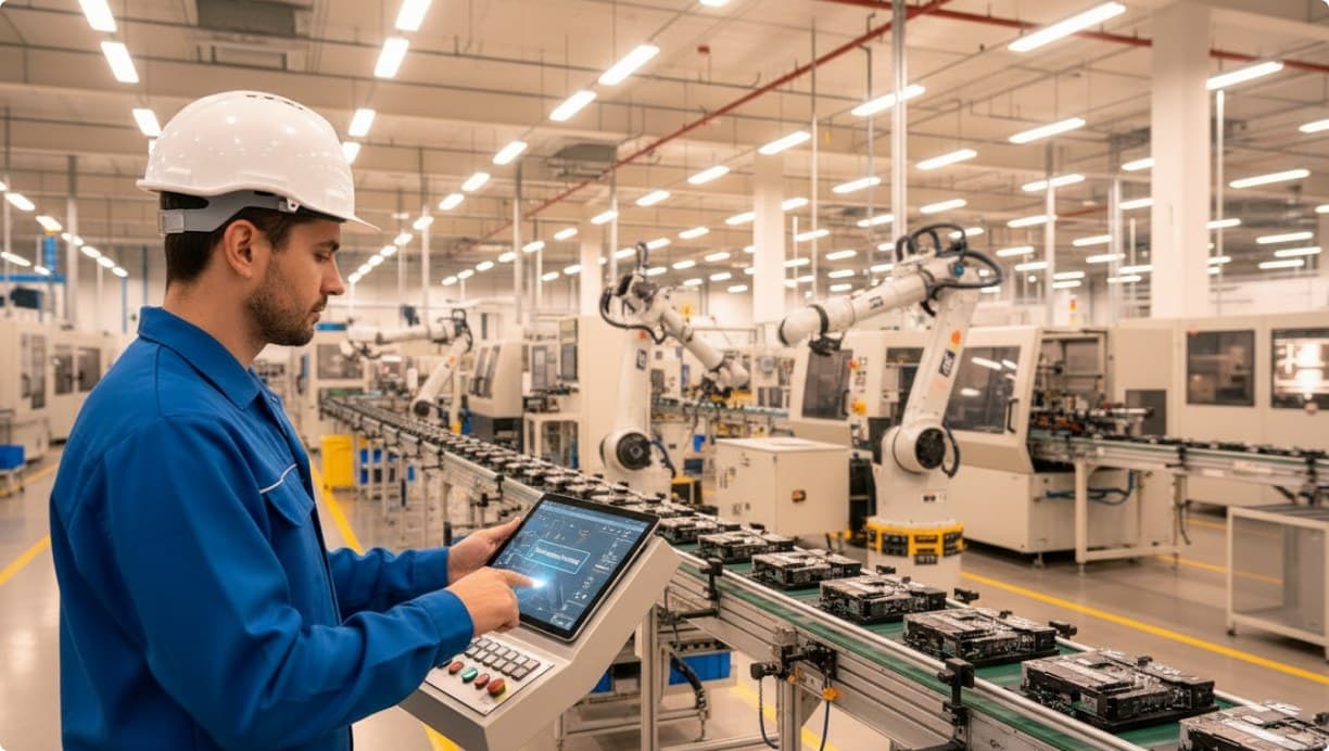 Operator starting a changeover from a panel beside the assembly line