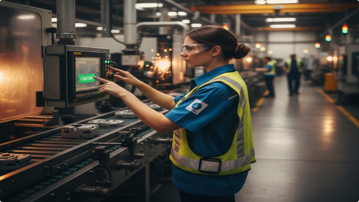 Operator confirming a completed step on a station terminal